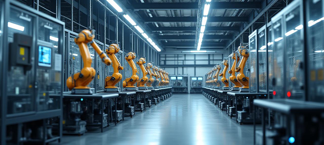 로봇 팔이 작동하고 있는 스마트 팩토리 내부